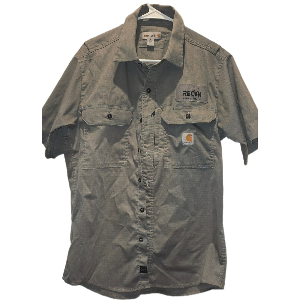 Carhartt Mens Gray Ripstop Short Sleeve Work Shirt Recon Pest Control Medium